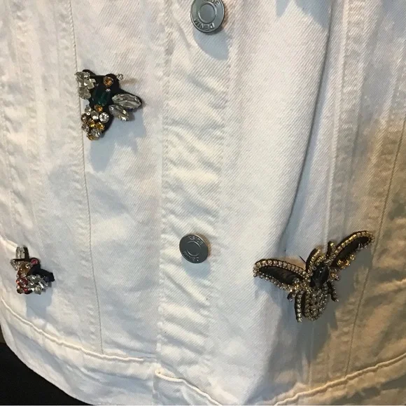 White Jean Jacket with Bees Butterfly Embellishments - Picture 4 of 6